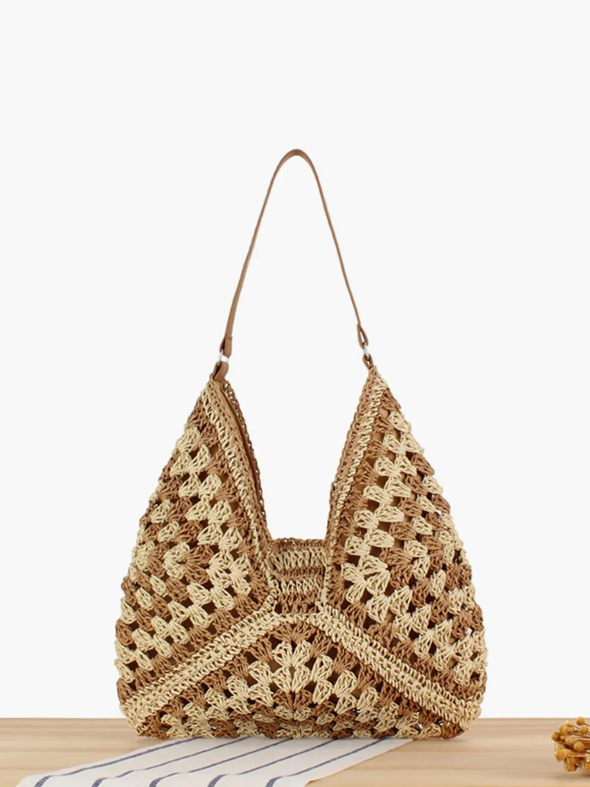 Boho Crochet Straw Tote Bag