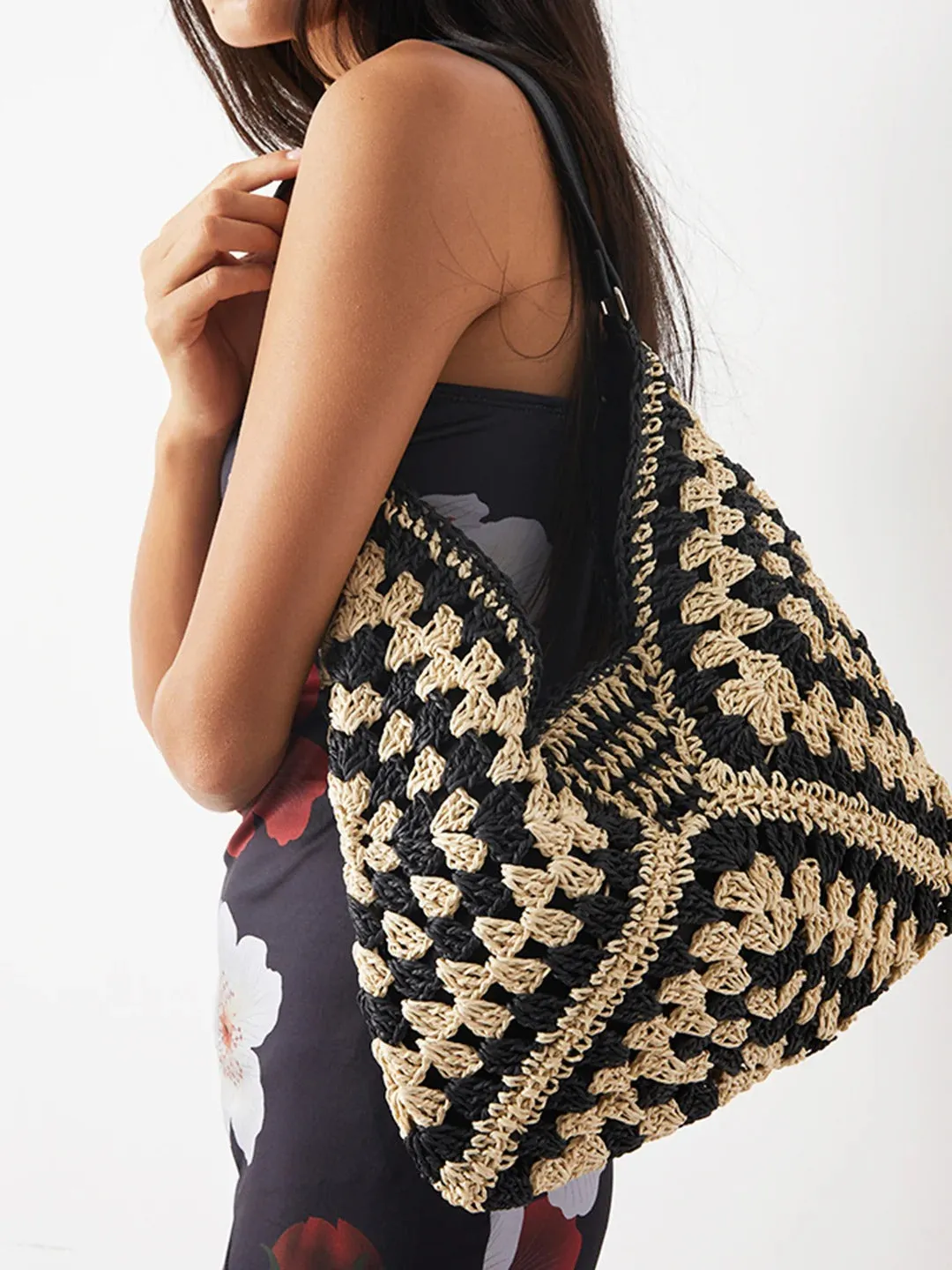 Boho Crochet Straw Tote Bag