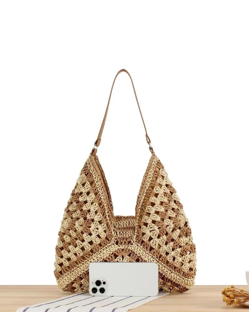 Boho Crochet Straw Tote Bag