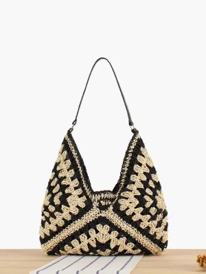 Boho Crochet Straw Tote Bag