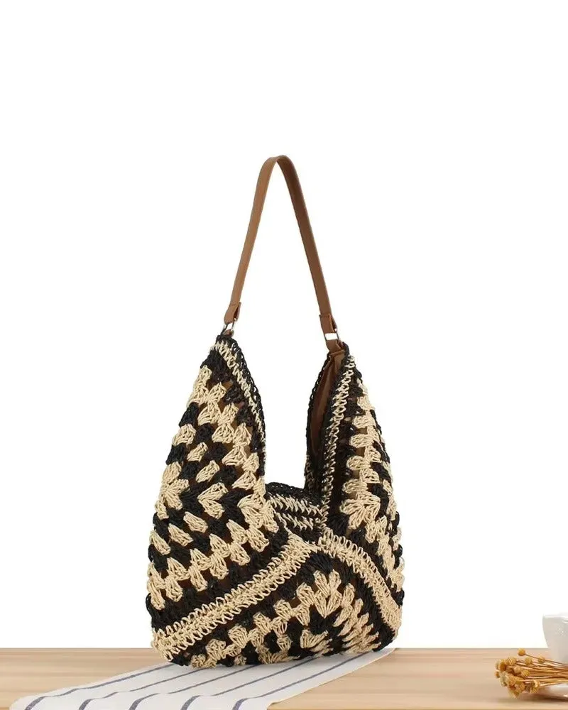 Boho Crochet Straw Tote Bag