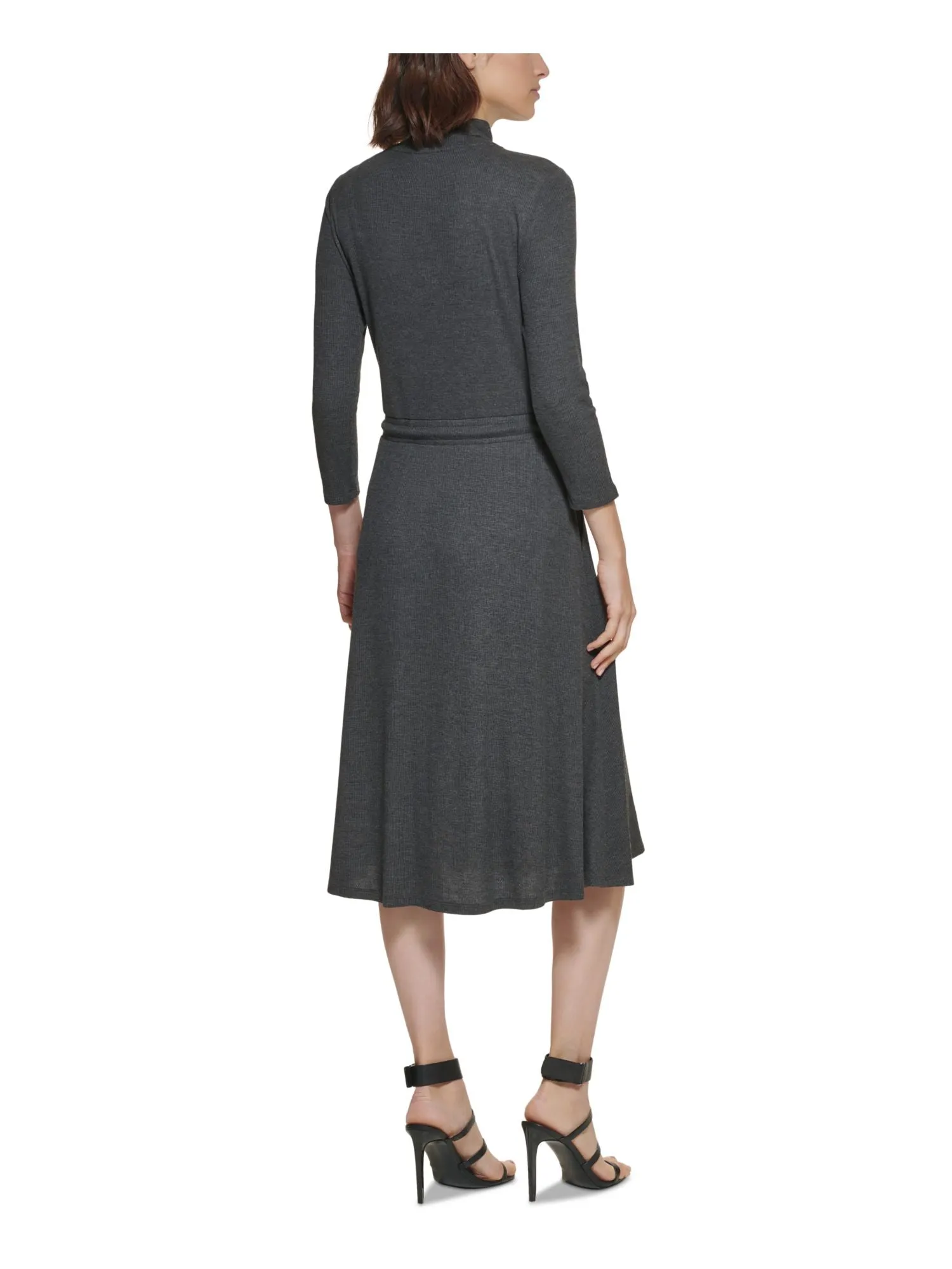 CALVIN KLEIN Womens Gray Stretch Ribbed Drawstring Waist Heather 3/4 Sleeve Mock Neck Below The Knee Wear To Work Sweater Dress