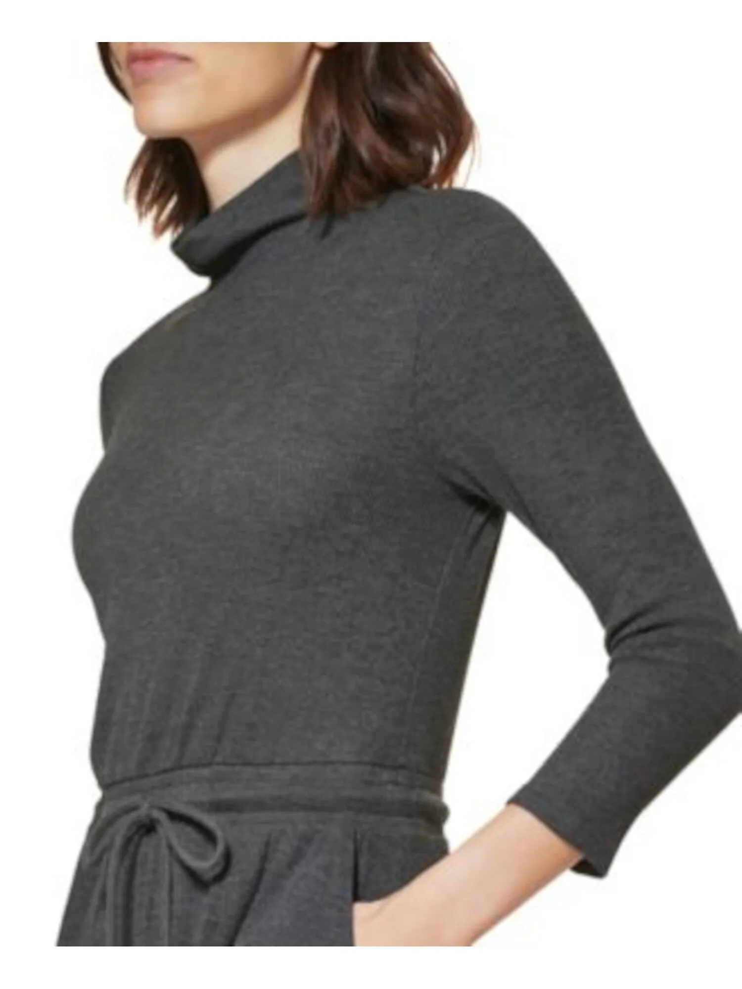 CALVIN KLEIN Womens Gray Stretch Ribbed Drawstring Waist Heather 3/4 Sleeve Mock Neck Below The Knee Wear To Work Sweater Dress