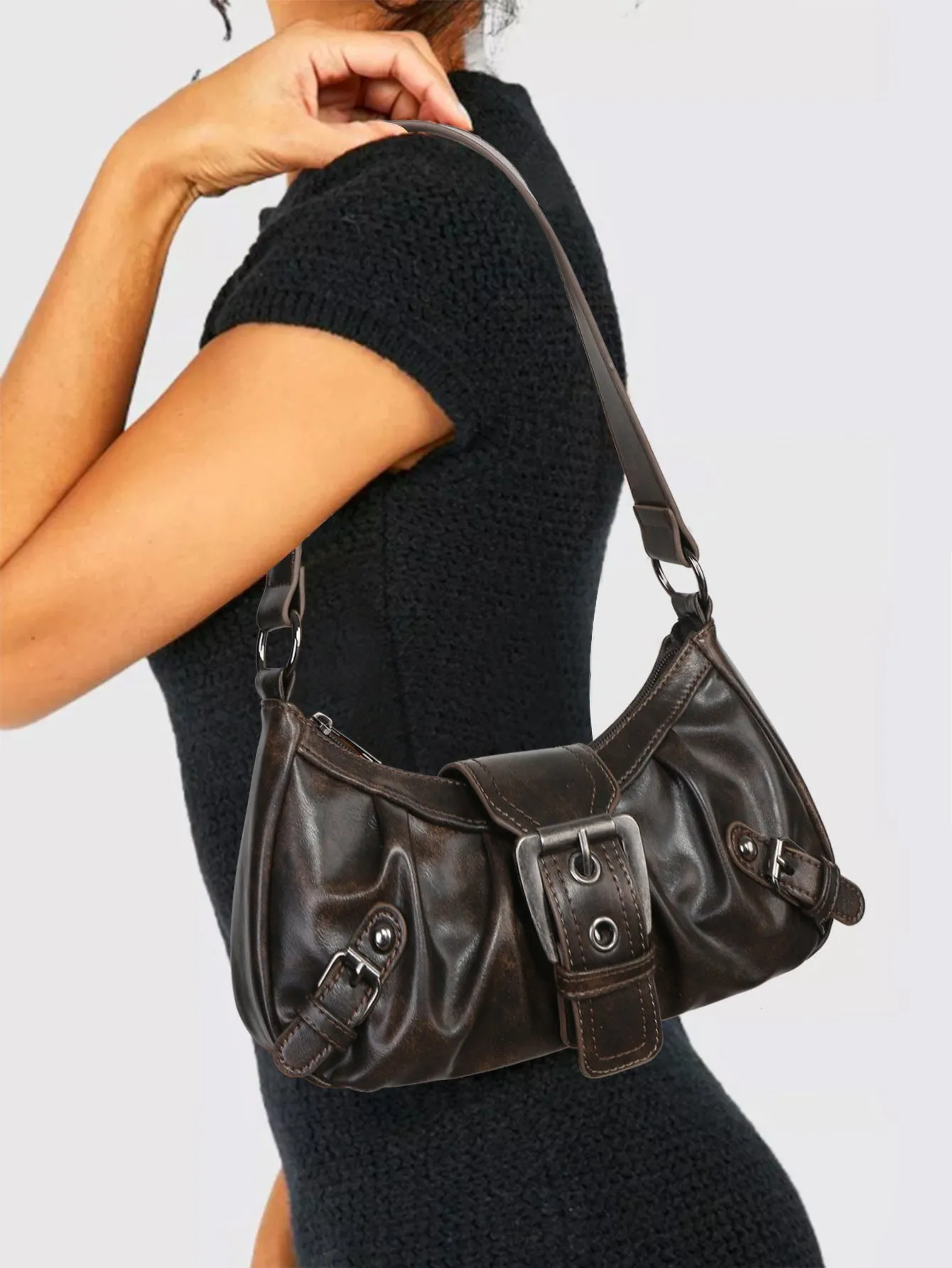 Cora Distressed Buckle Shoulder Bag
