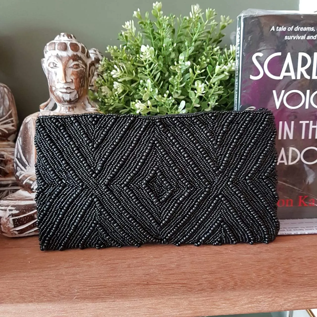 Diamond Motif Woven Beaded Clutches With Strap