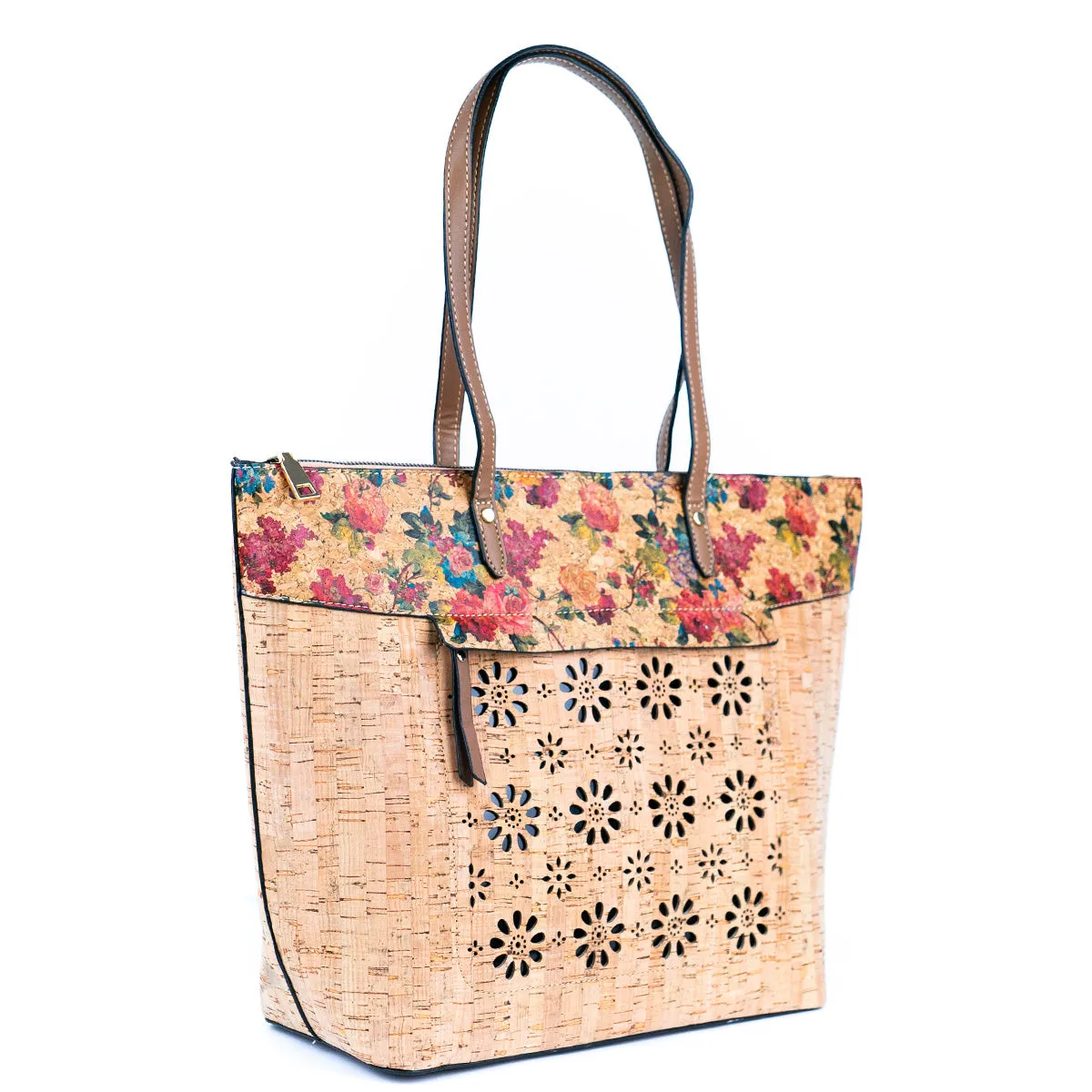 Flash Sale Natural Cork and Cut-Out Printed Cork Tote Bag with PU Handles BAG-2332