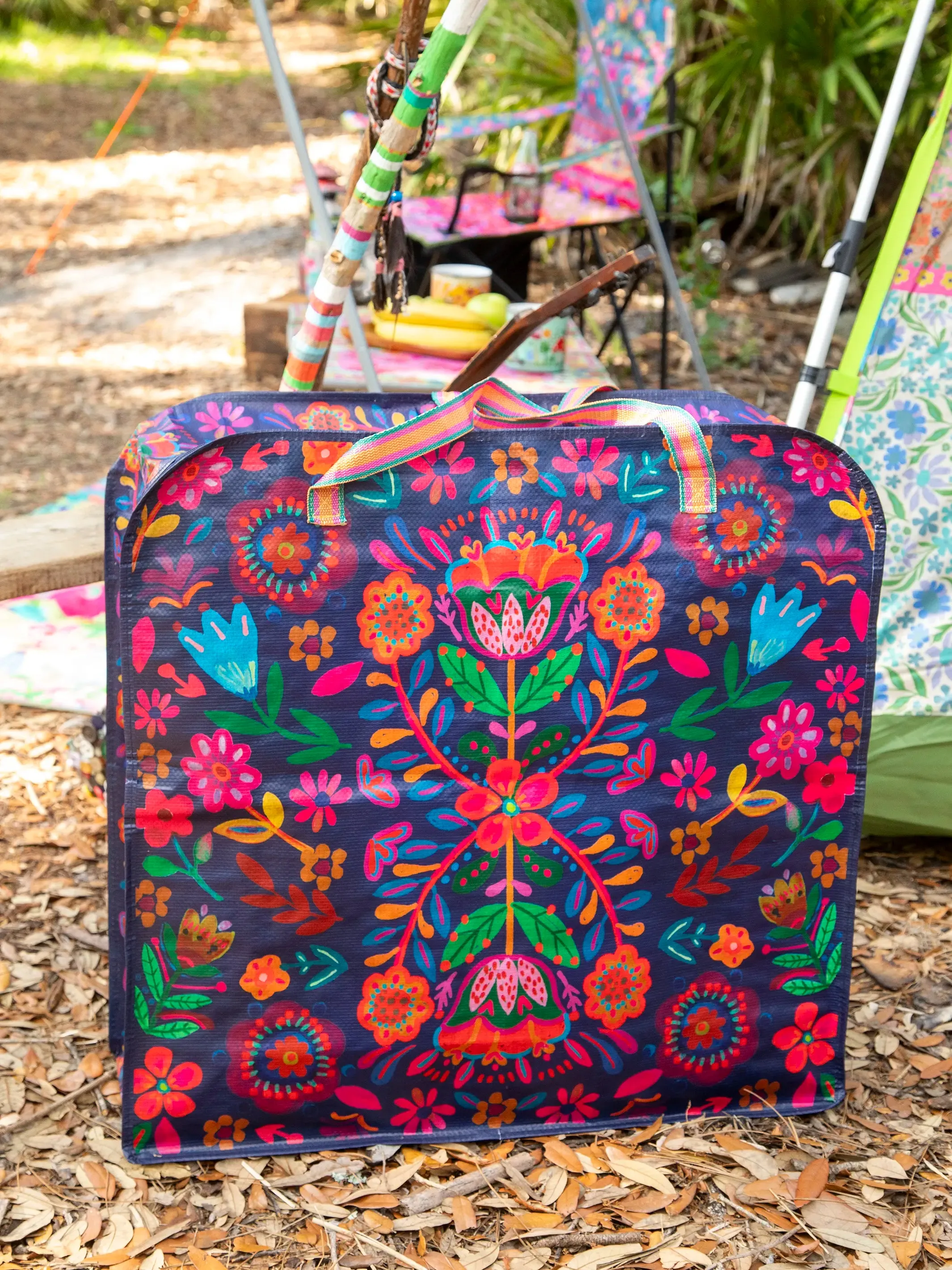 Happy XL Zip Tote Bag - Indigo Folk Flower
