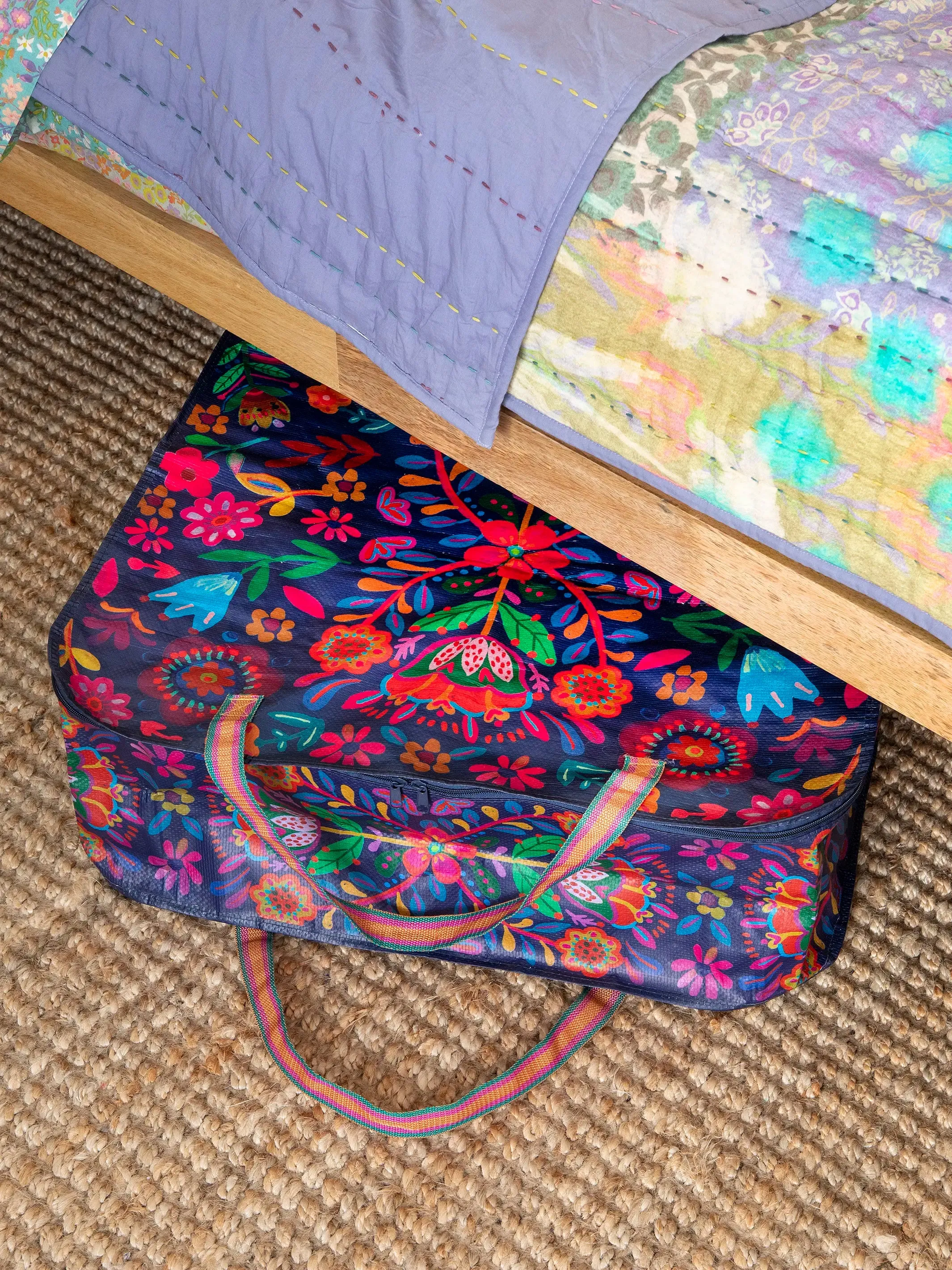 Happy XL Zip Tote Bag - Indigo Folk Flower
