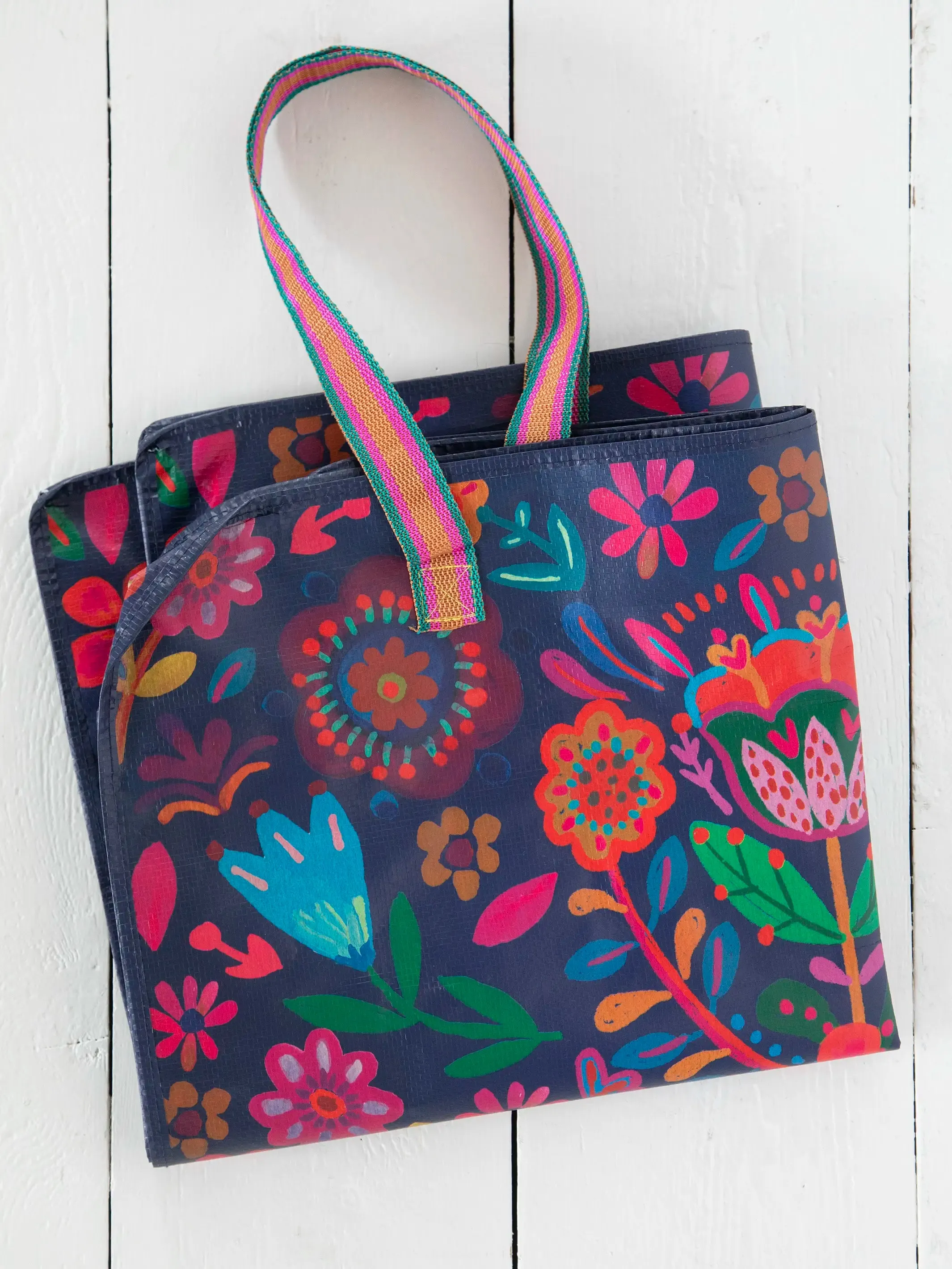 Happy XL Zip Tote Bag - Indigo Folk Flower