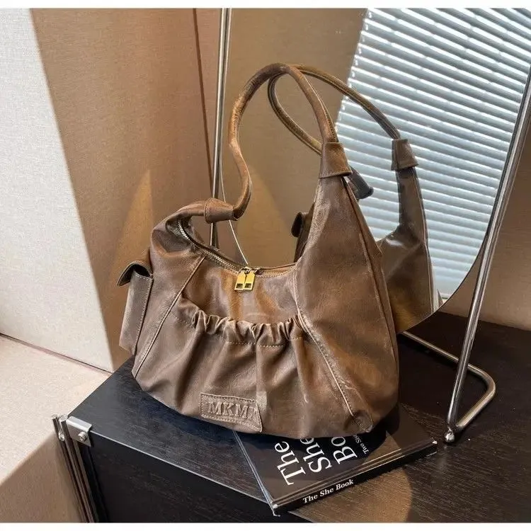 KIylethomasw Vintage Coffee Shoulder Bags Women Retro Sweet Cool Pu Leather Casual Handbag Ladies Fashion Pocket Chic Purse Hobos Bag