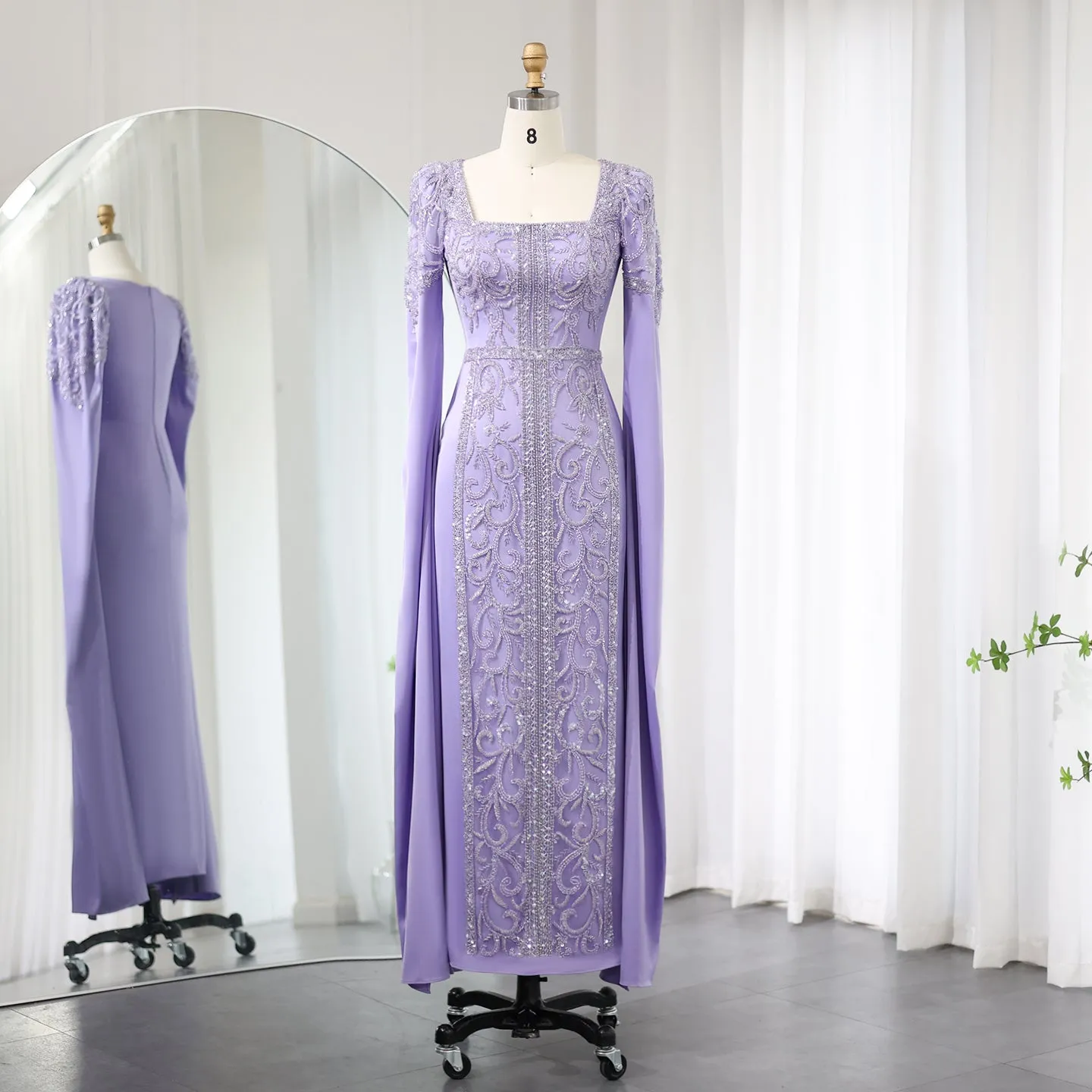 Luxury Blue Muslim Evening Dress with Cape Sleeves SS365