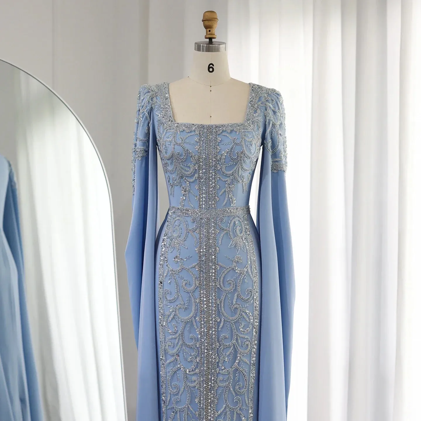 Luxury Blue Muslim Evening Dress with Cape Sleeves SS365
