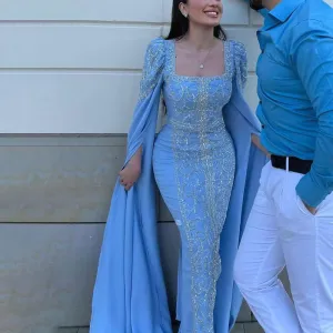 Luxury Blue Muslim Evening Dress with Cape Sleeves SS365
