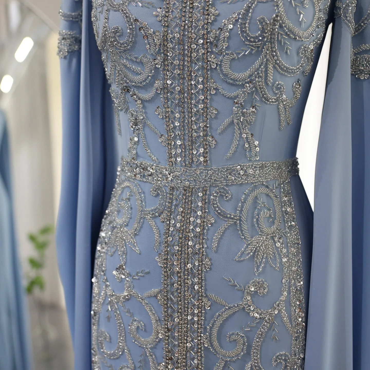 Luxury Blue Muslim Evening Dress with Cape Sleeves SS365