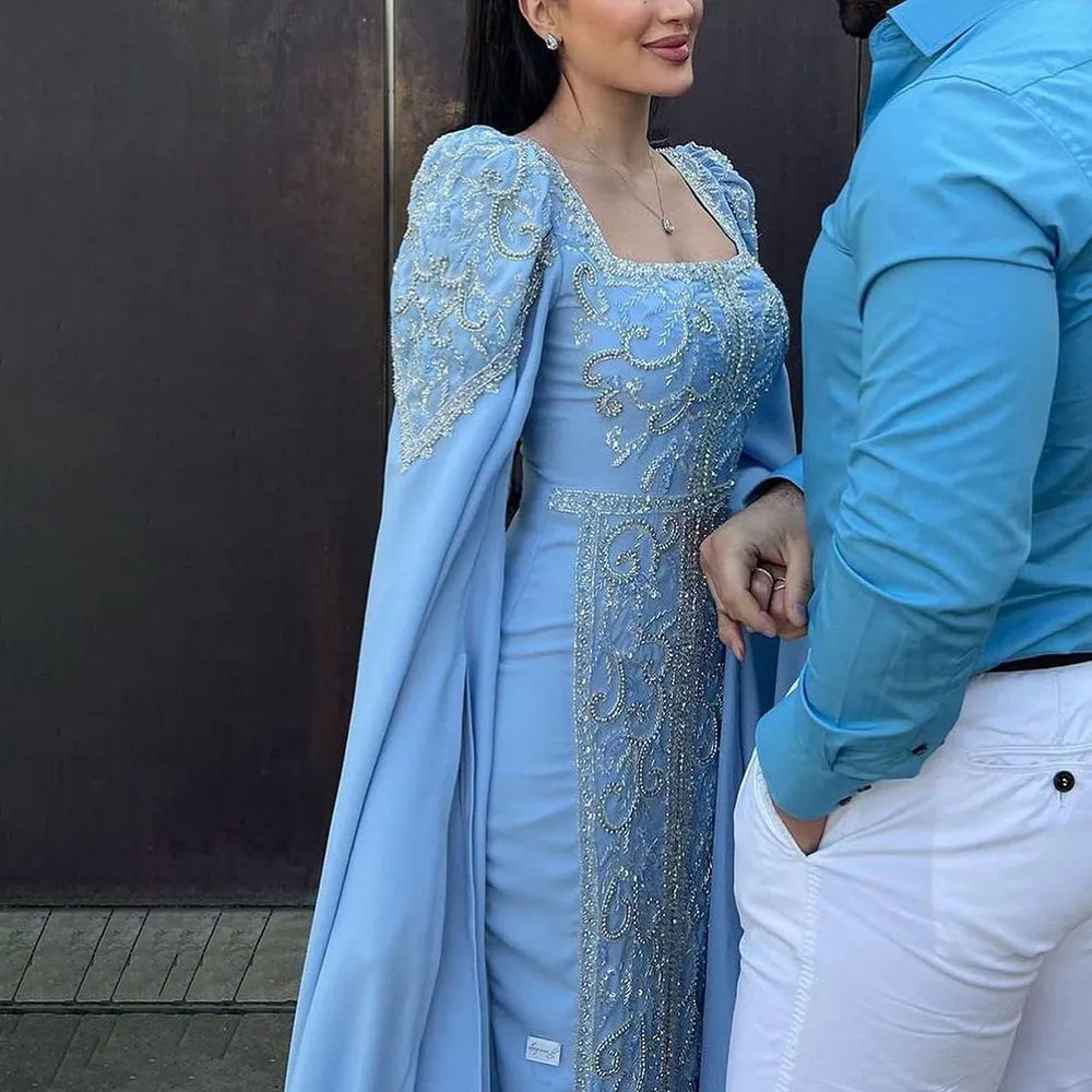 Luxury Blue Muslim Evening Dress with Cape Sleeves SS365