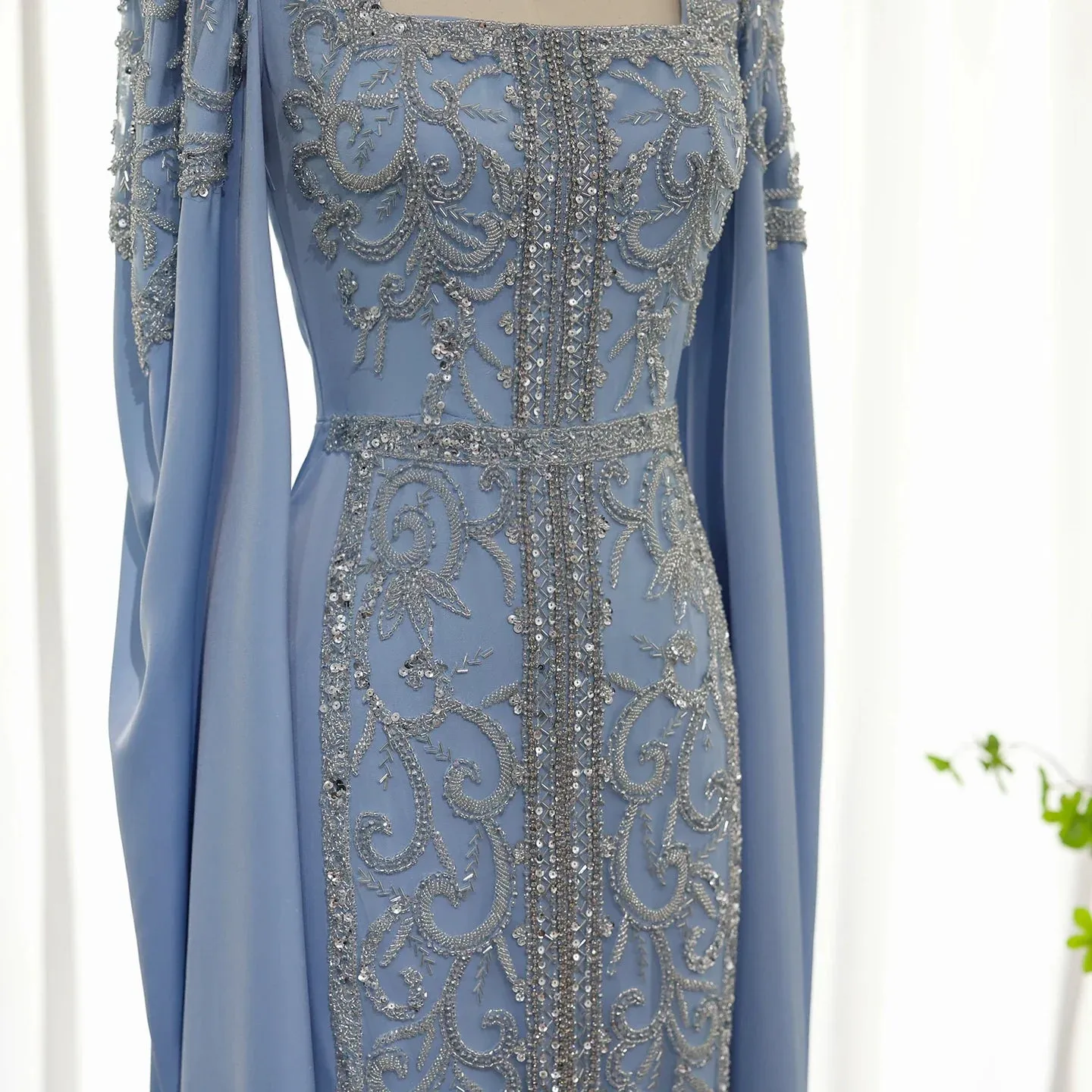 Luxury Blue Muslim Evening Dress with Cape Sleeves SS365