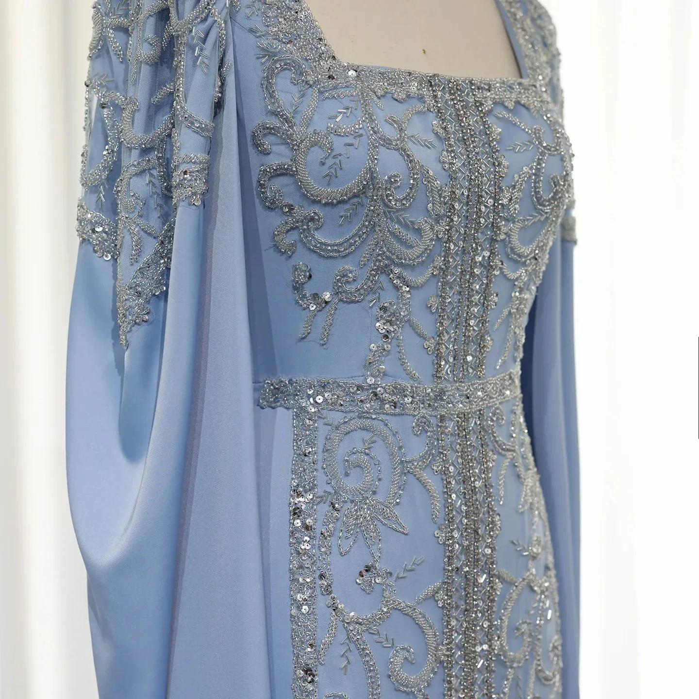 Luxury Blue Muslim Evening Dress with Cape Sleeves SS365