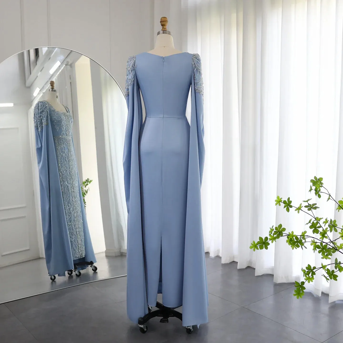 Luxury Blue Muslim Evening Dress with Cape Sleeves SS365