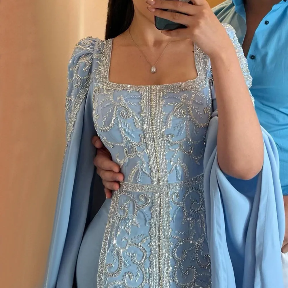 Luxury Blue Muslim Evening Dress with Cape Sleeves SS365