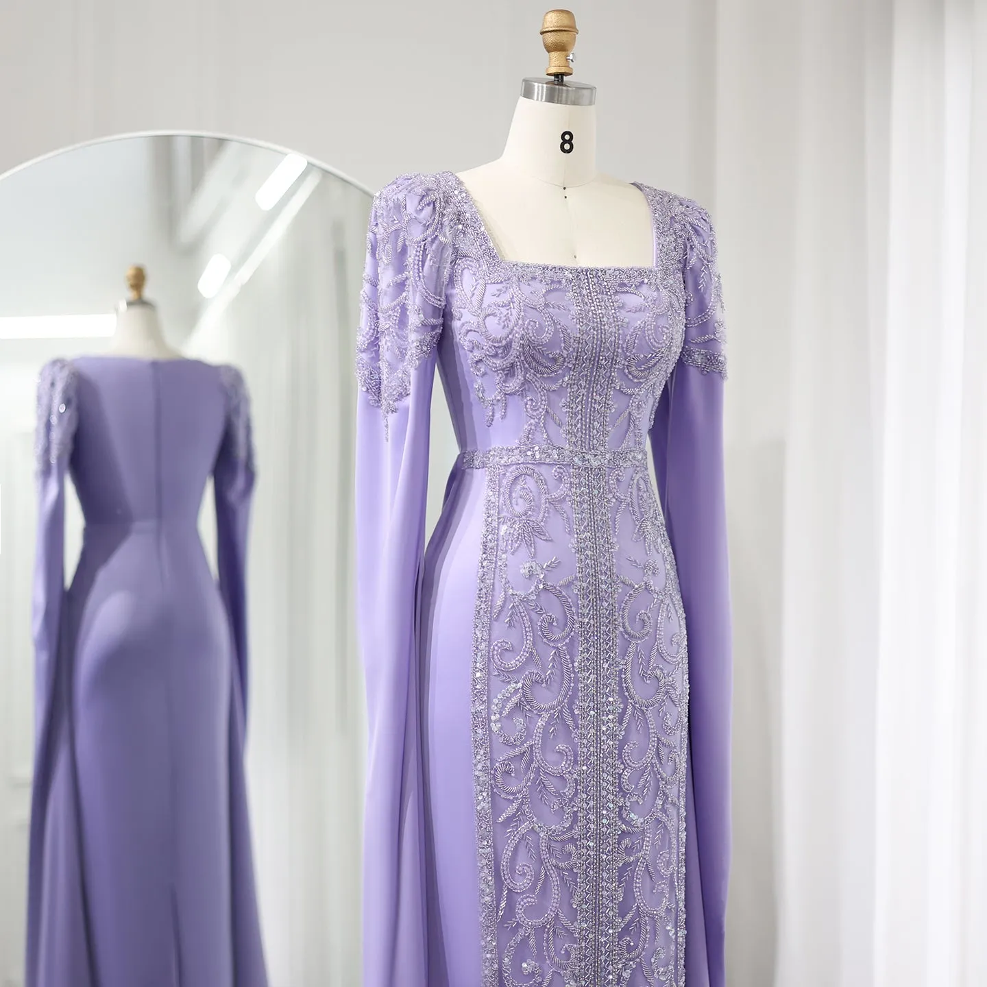 Luxury Blue Muslim Evening Dress with Cape Sleeves SS365