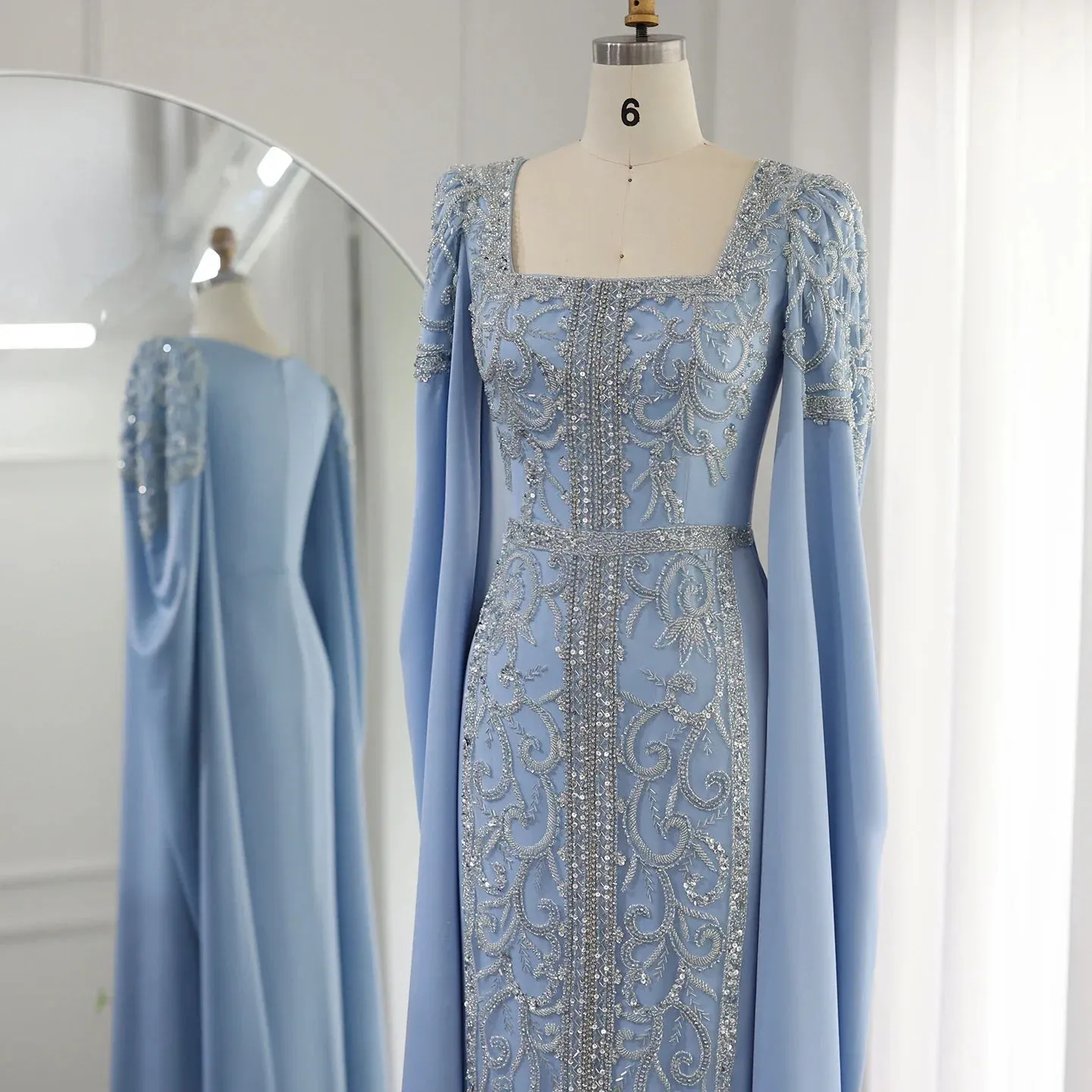Luxury Blue Muslim Evening Dress with Cape Sleeves SS365