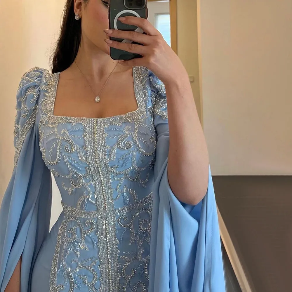 Luxury Blue Muslim Evening Dress with Cape Sleeves SS365