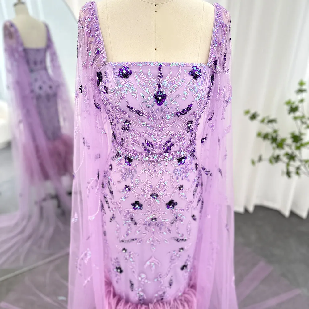 Luxury Feathers Lilac Evening Dress with Cape Sleeves SS381