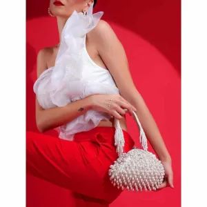 Modarta By Kamakshi White Clutch with Handcrafted Pearls Detailing An Ideal Bridal Bag