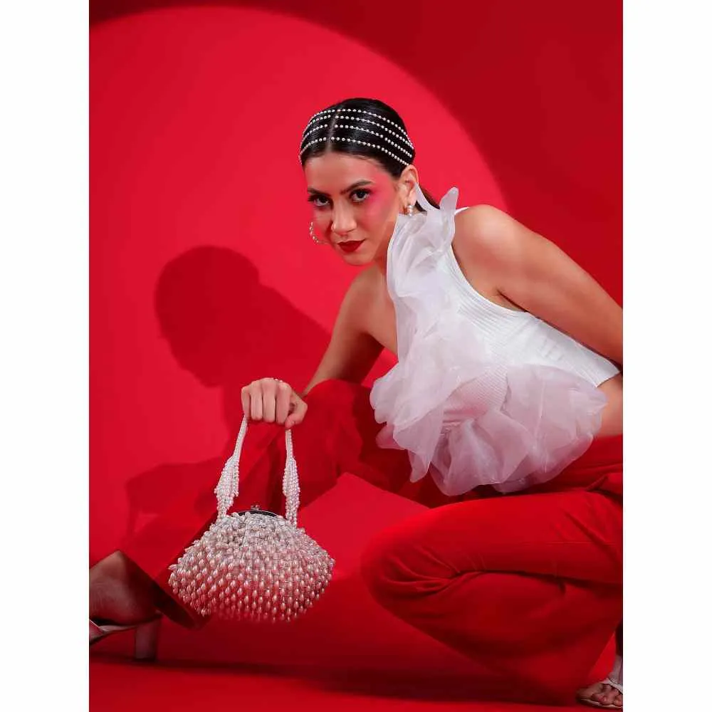 Modarta By Kamakshi White Clutch with Handcrafted Pearls Detailing An Ideal Bridal Bag